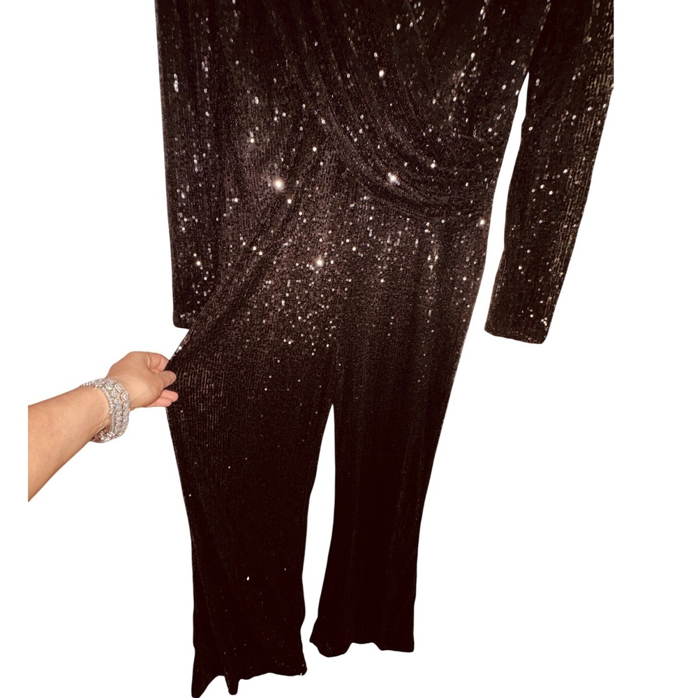 Fashion Nova Womens 1X Black Sequin Long Sleeve Wrap V-Neck Wide Leg Jumpsuit - Picture 3 of 7